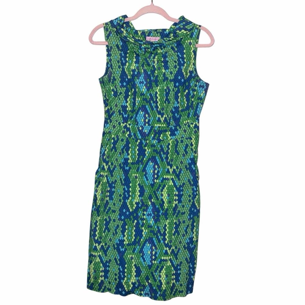 Lilly Pulitzer green blue cowl neck sleeveless skindalous snake dress 6 lined